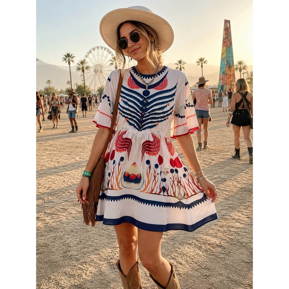 FEIINVAN Women's SMALL Southwest Abstract Print Dress Boho Whimsical Retro